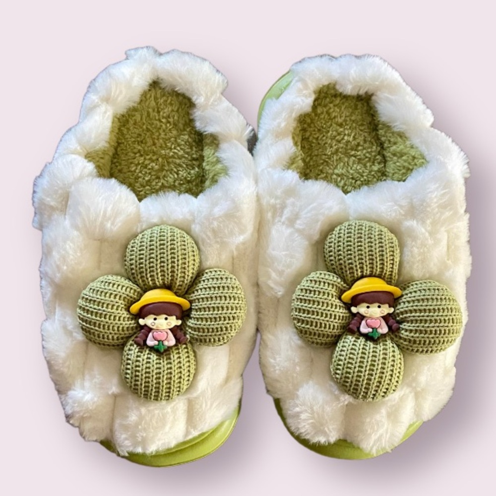 Fluffy Kawaii Four Leaf Clover with Cute Girl Slippers